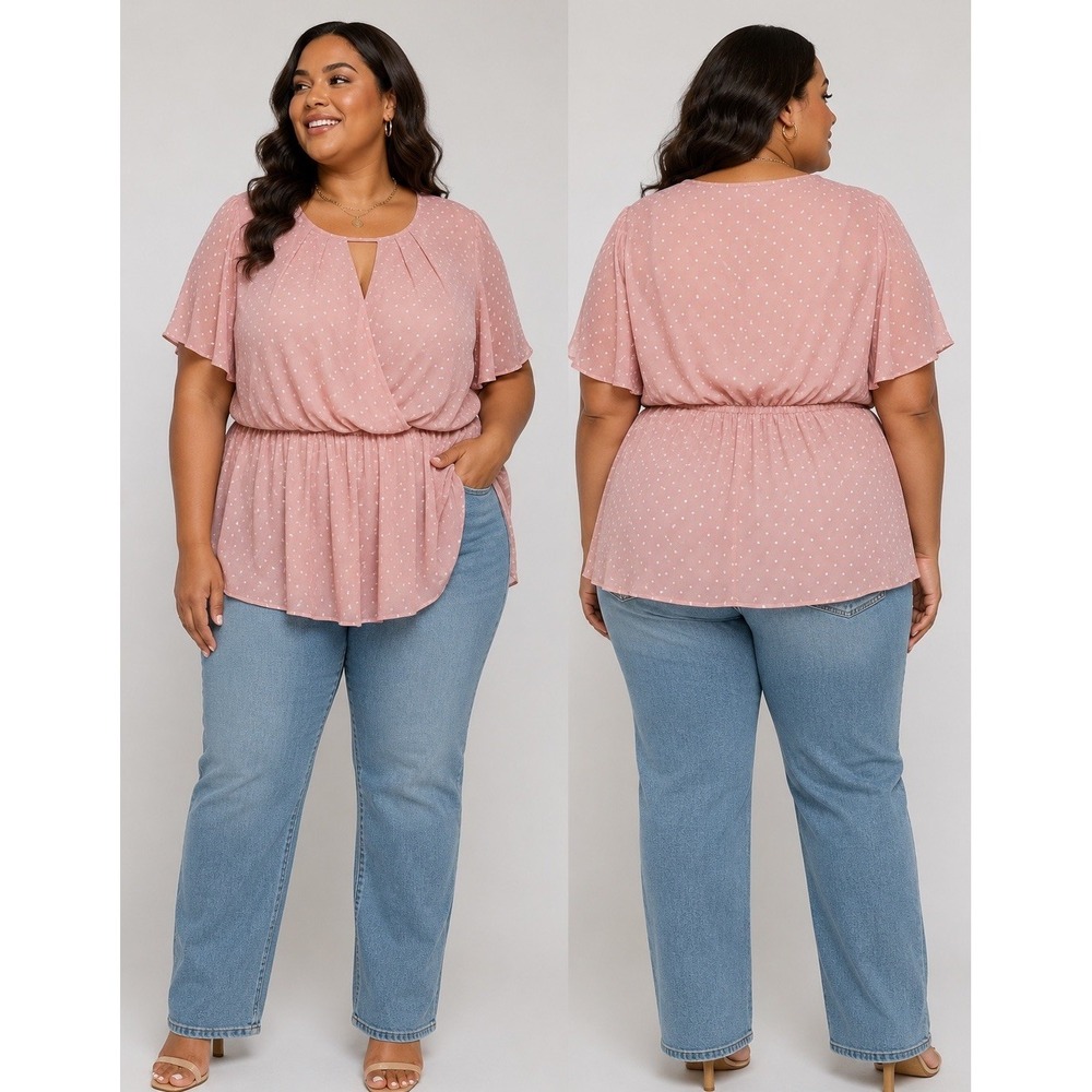 Lane Bryant Size 18 (1x) Baby Doll Pink Swiss Dot Button Back Dress Shirt Blouse